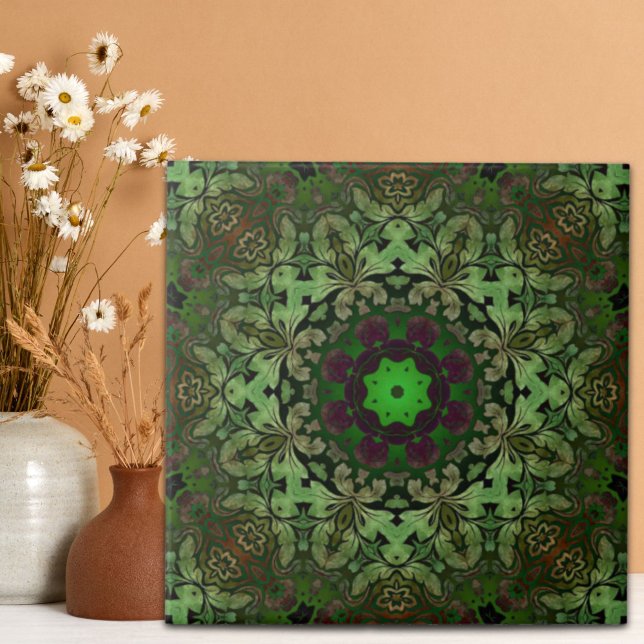 Carreau En Céramique Rustique Steampunk Bohème forêt vert mandala (Rustic Steampunk Bohemian forest green mandala Tile)
