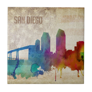 Carreau En Céramique San Diego, horizon de ville d'aquarelle de CA  