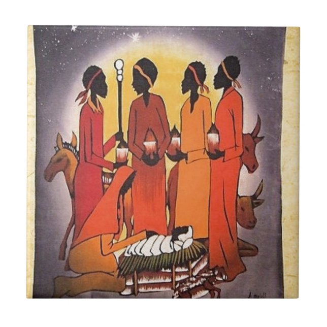 Carreau En Céramique Scène africaine de nativité de Noël (Devant)
