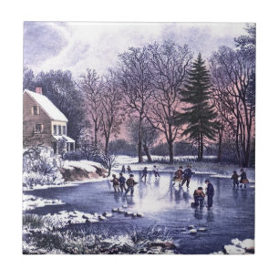 Carreau En Céramique Scène D'Hiver vintage. Cadeau de Noël