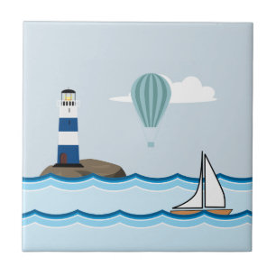 Carreau En Céramique Scène nautique avec le phare et le voilier