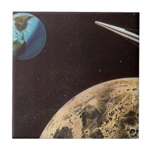Carreau En Céramique Science-fiction vintage, vaisseau à fusée au-dessu