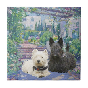 Carreau En Céramique Scottie & Westie dans un jardin confortable