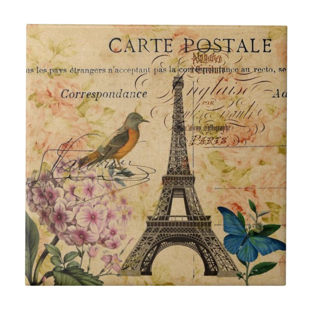 Carreau En Céramique Scripts Hydrangea French Bird Paris Tour Eiffel (Devant)