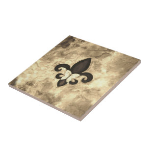 Carreau En Céramique Sepia Butterfleur   Tan Butterfly sur Fleur de Lis