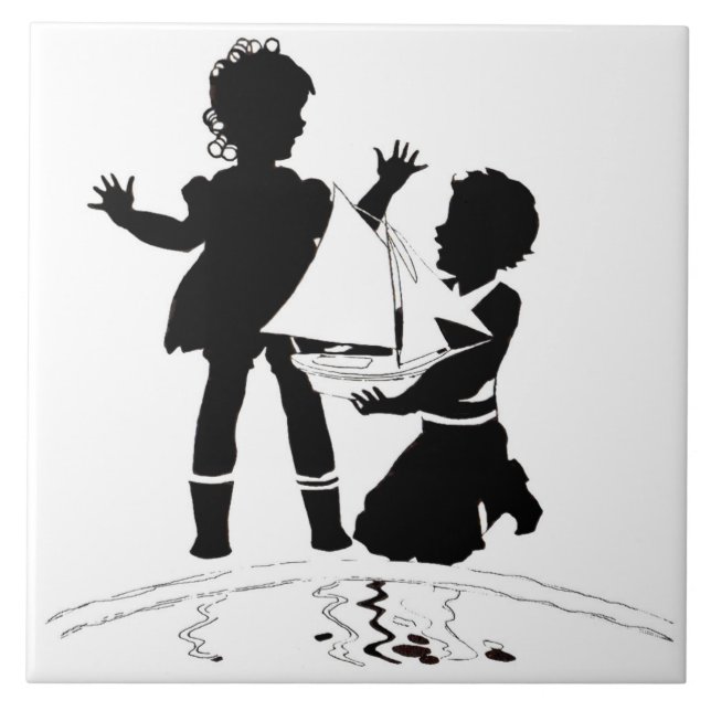 Carreau En Céramique silhouette de fille et garçon et bateau modèle (Devant)