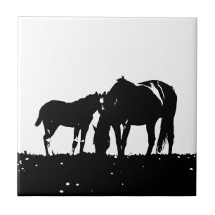 Carreau En Céramique Silhouette des chevaux noirs et blancs