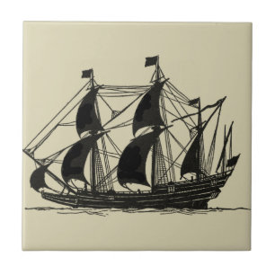 Carreau En Céramique Silhouette du navire avec voiles de billage