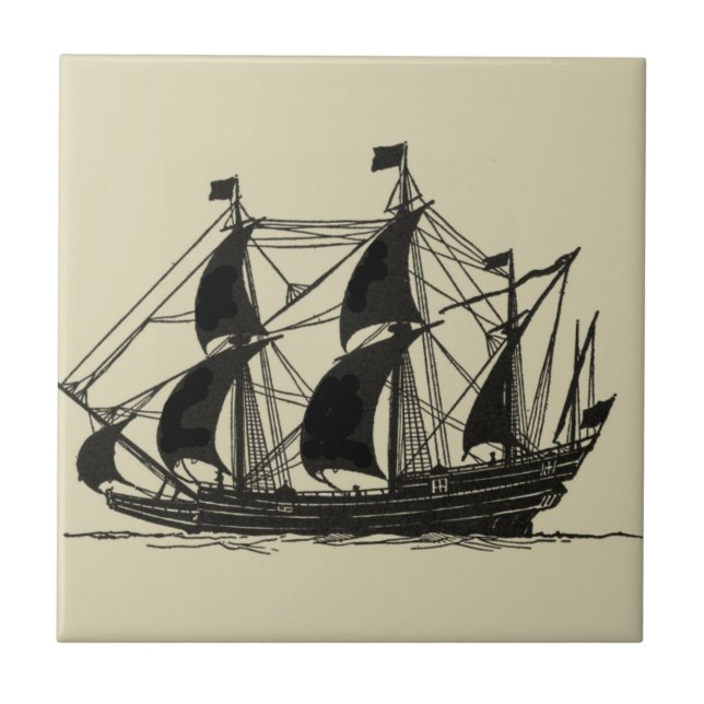 Carreau En Céramique Silhouette du navire avec voiles de billage (Devant)