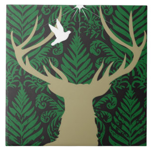 Carreau En Céramique Silhouette d'un cerf commun, d'une colombe et