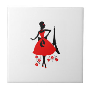 Carreau En Céramique Silhouette rouge noir de femme rétro avec la tour 