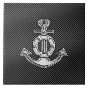 Carreau En Céramique Silver Lifesaver Anchor on Black Carbon Fiber