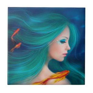 Carreau En Céramique sirène de mer d'imaginaire avec les poissons