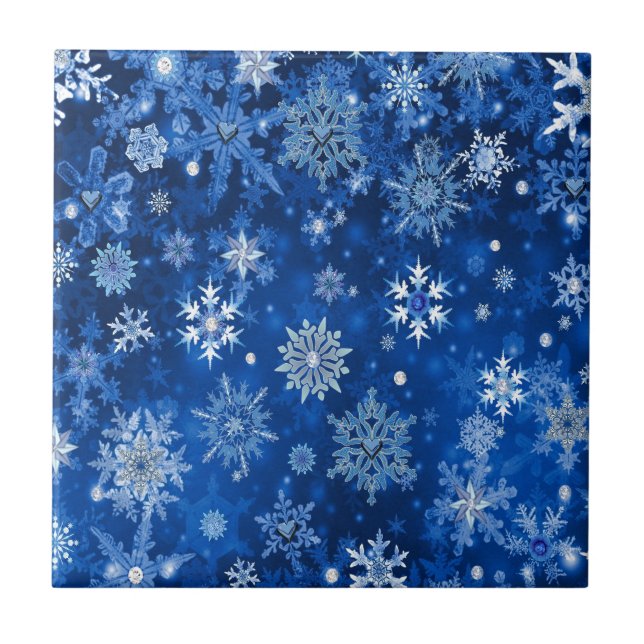Carreau En Céramique Snowflakes de Noël Bleu et argent (Devant)