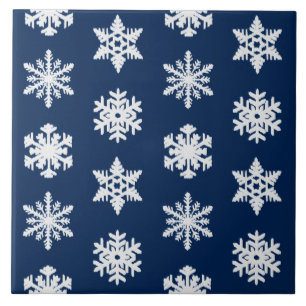 Carreau En Céramique Snowflakes Ikat - Blanc et Bleu Marine