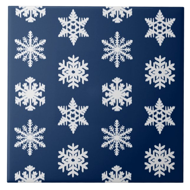 Carreau En Céramique Snowflakes Ikat - Blanc et Bleu Marine (Devant)