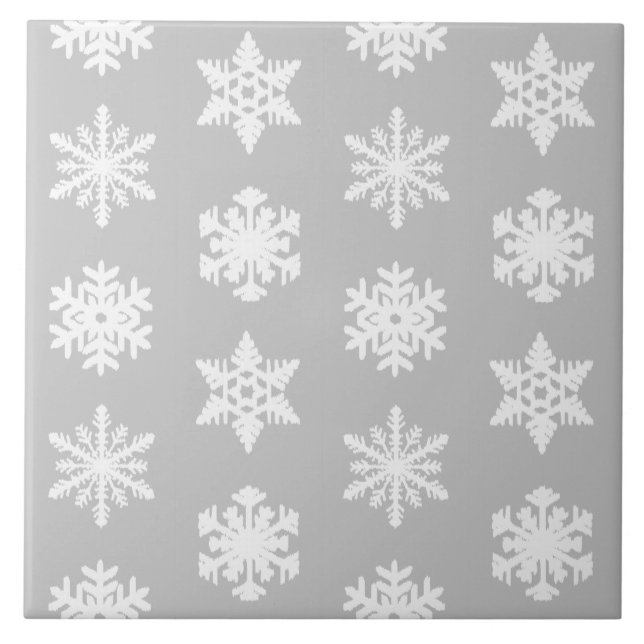 Carreau En Céramique Snowflakes Ikat - Gris et blanc argenté (Devant)