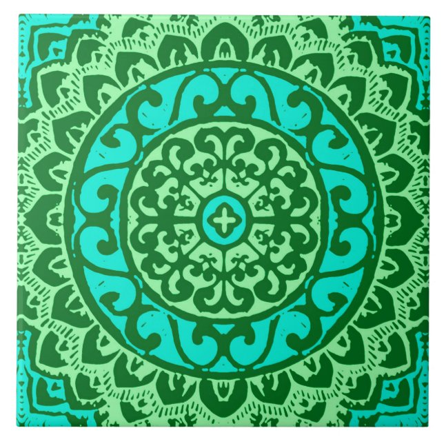 Carreau En Céramique Soleil Sud-Ouest Mandala Batik, Vert citron (Devant)