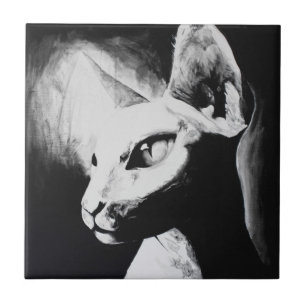 Carreau En Céramique Sphynx Chat Noir Blanc Contraste Kitty Portrait Ar
