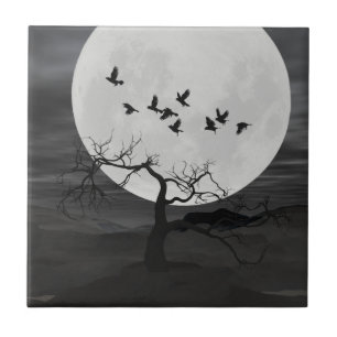 Carreau En Céramique Spooky Ravens Flying Against the Full Moon
