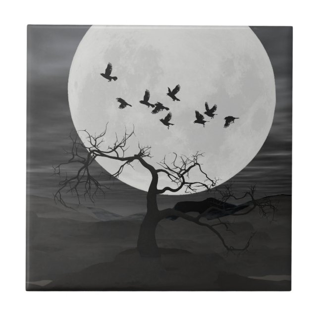 Carreau En Céramique Spooky Ravens Flying Against the Full Moon (Devant)