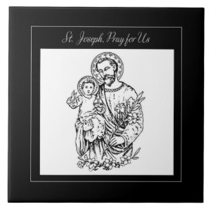 Carreau En Céramique St. Joseph Priez Pour Nous Noir, Blanc, Catholiqu