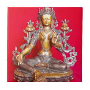 CARREAU EN CÉRAMIQUE STATUE VERTE EN BRONZE THIBET ANTIQUE TARA