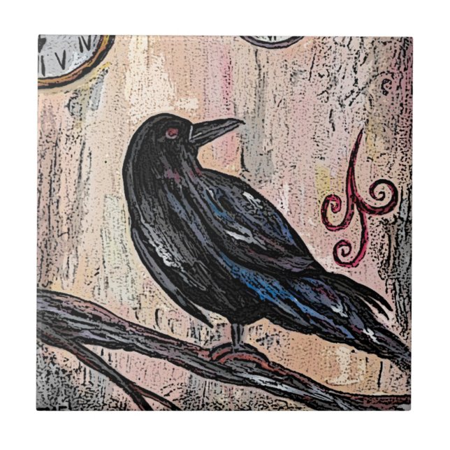 Carreau En Céramique Steampunk Raven et horloges (Devant)