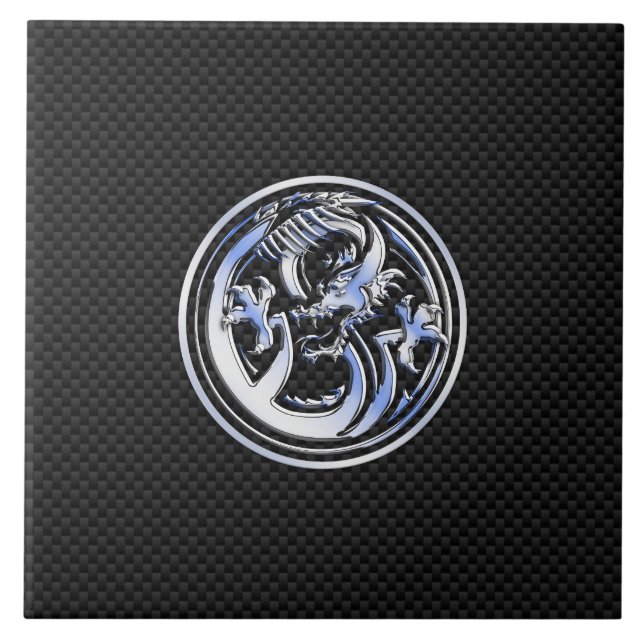 Carreau En Céramique Style Chrome badge Dragon sur Carbon Fibre Print (Devant)