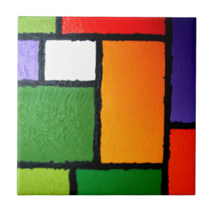 Carreau En Céramique Style Mondrian Orange Green Blue Fuzzy Abstrait