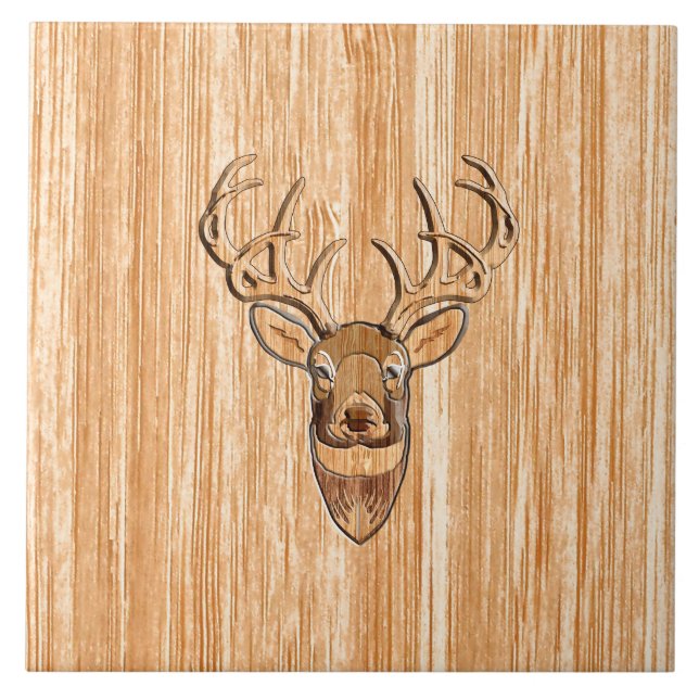 Carreau En Céramique Style White Tail Deer Head Light Wood Grain Déco (Devant)