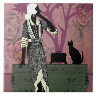 Carreau En Céramique Suzanne et chat, mode vintage dans le lilas et