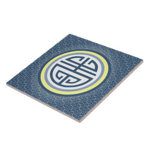 Carreau En Céramique Symbole de longévité chinois Shou - bleu et jaune