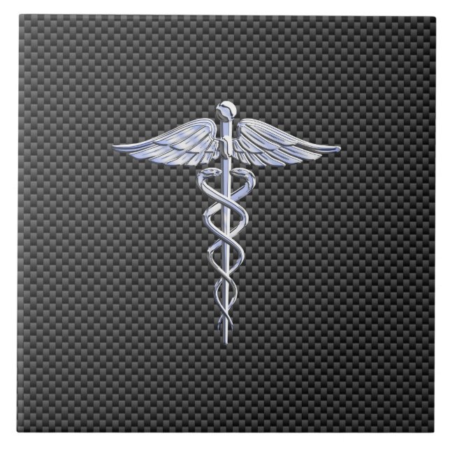 Carreau En Céramique Symbole Médicale Silver Caduceus Style fibre de ca (Devant)