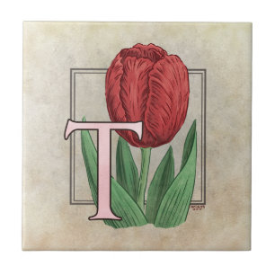 Carreau En Céramique T pour Tulip Flower Floral Monogram Art