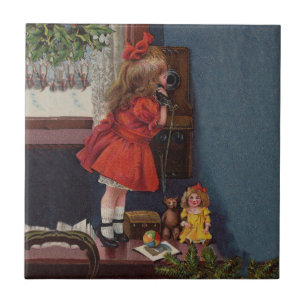 Carreau En Céramique Téléphone Antique de Petite Fille de Noël