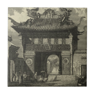 Carreau En Céramique Temple impérial asiatique dans noir et le blanc