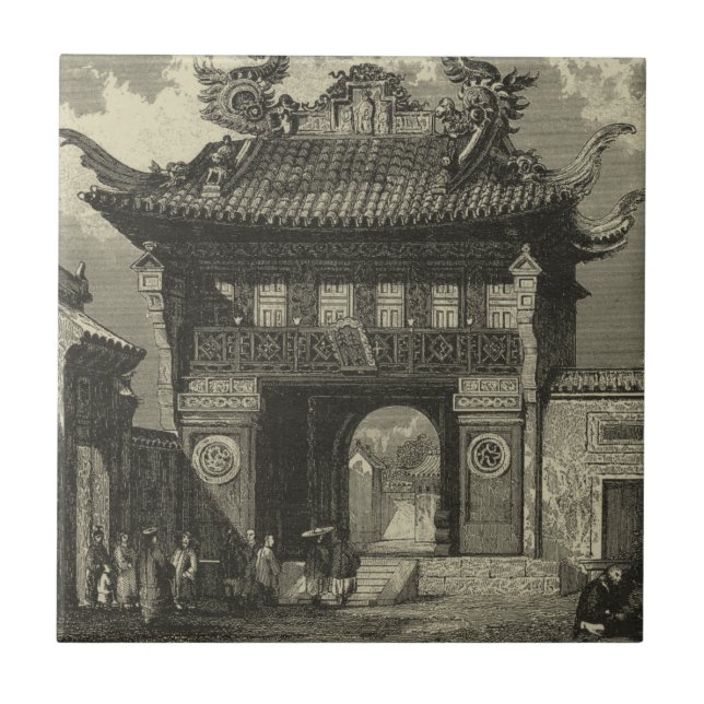 Carreau En Céramique Temple impérial asiatique en noir et blanc (Devant)