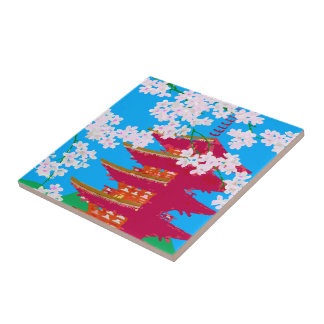Carreau En Céramique Temple japonais avec des fleurs de cerisier