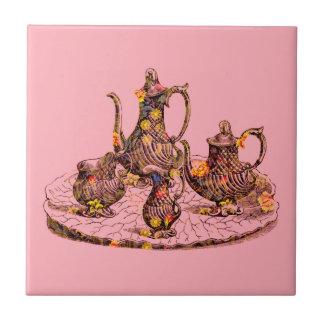 Carreau En Céramique Théières vintages sur la tuile décorative rose