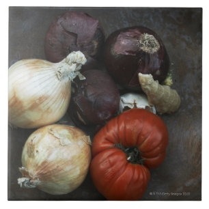 Carreau En Céramique Tomate d'héritage, oignon jaune, oignon rouge,