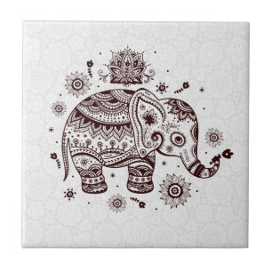 Carreau En Céramique Tons Brown Eléphant Floral Rétro