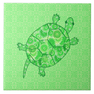 Carreau En Céramique Tortue tourbée fractale - chaux et vert émeraude