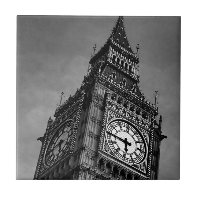 Carreau En Céramique Tour d'horloge Big Ben noir et blanc (Devant)