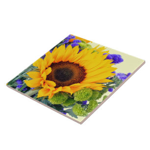 Carreau En Céramique Tournesol et Statice Bleue