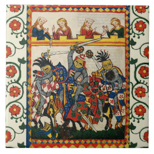 CARREAU EN CÉRAMIQUE TOURNOI MÉDIÉVAL, COMBATTRE DES CHEVALIERS ET DES 