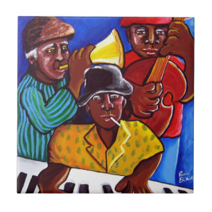 Carreau En Céramique Trio d'art populaire afro-américain de jazz