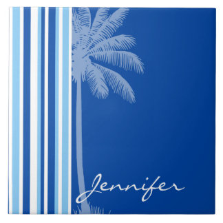 Carreau En Céramique Tropical Palm; Blue & White Stripes
