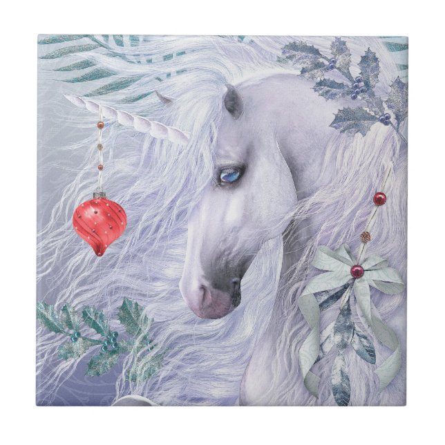 Carreau En Céramique Tuile d'art de licorne de Noël (Devant)