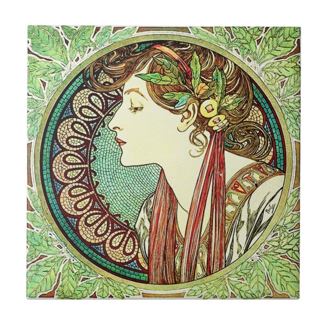 Carreau En Céramique Tuile de laurier d'Alphonse Mucha (Devant)